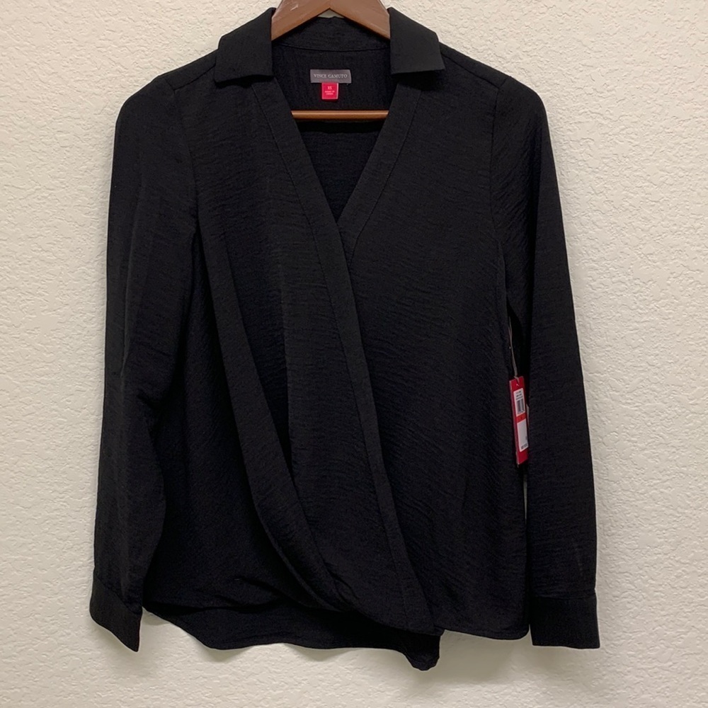 NWT Vince Camuto Black Wrap Front Rumple Twill Blouse - Size XS